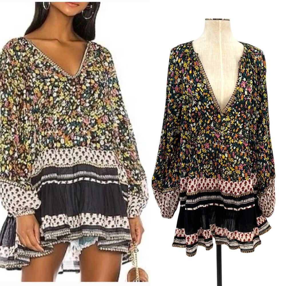 Free People Gardenia Tunic Top Floral Print Long Sleeve Black Combo Size Large